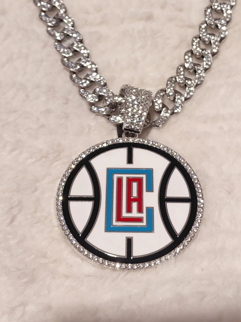 LA Logo Silver-Tone Crystal Basketball Pendant Necklace - White, Red & Blue